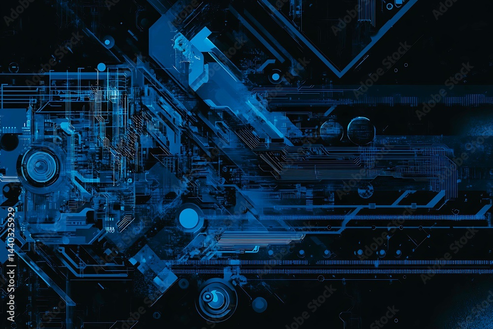 Abstract close-up of a glowing blue digital circuit board, showcasing intricate connections and technological design on a black background.