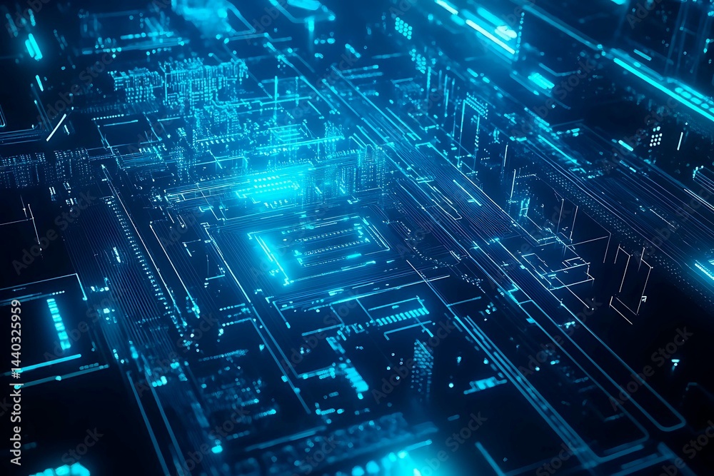 Abstract close-up of a glowing blue digital circuit board, showcasing intricate connections and technological design on a black background.