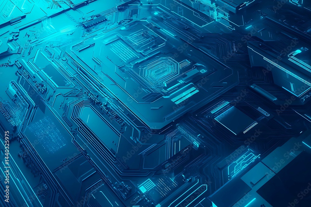 Abstract close-up of a glowing blue digital circuit board, showcasing intricate connections and technological design on a black background.