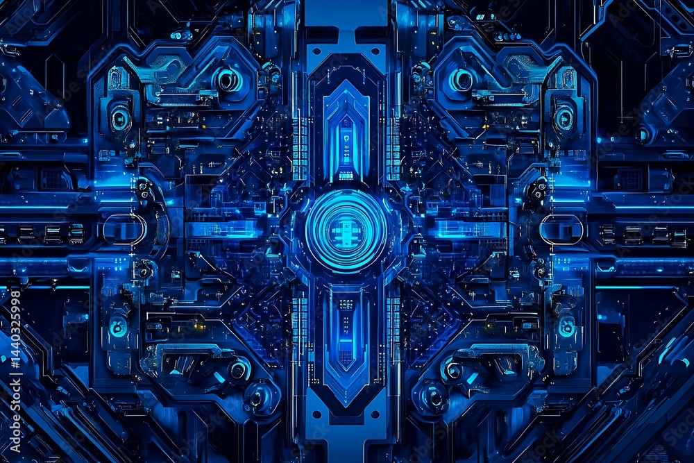 Abstract close-up of a glowing blue digital circuit board, showcasing intricate connections and technological design on a black background.