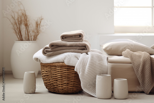 A cozy area showcases neatly stacked soft towels in beige tones, complemented by minimalistic decor. White candles and natural elements enhance the tranquil atmosphere, inviting relaxation