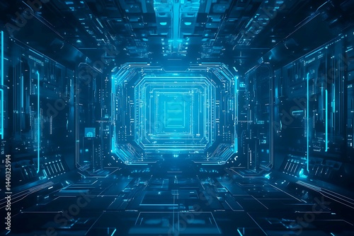 Abstract close-up of a glowing blue digital circuit board, showcasing intricate connections and technological design on a black background.
