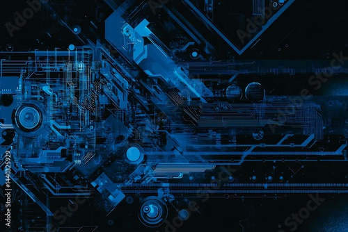 Obraz na płótnie Abstract close-up of a glowing blue digital circuit board, showcasing intricate connections and technological design on a black background.
w salonie