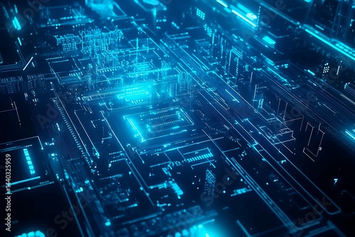 Obraz na płótnie Abstract close-up of a glowing blue digital circuit board, showcasing intricate connections and technological design on a black background.
w salonie