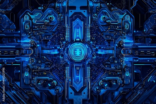 Obraz na płótnie Abstract close-up of a glowing blue digital circuit board, showcasing intricate connections and technological design on a black background.
w salonie