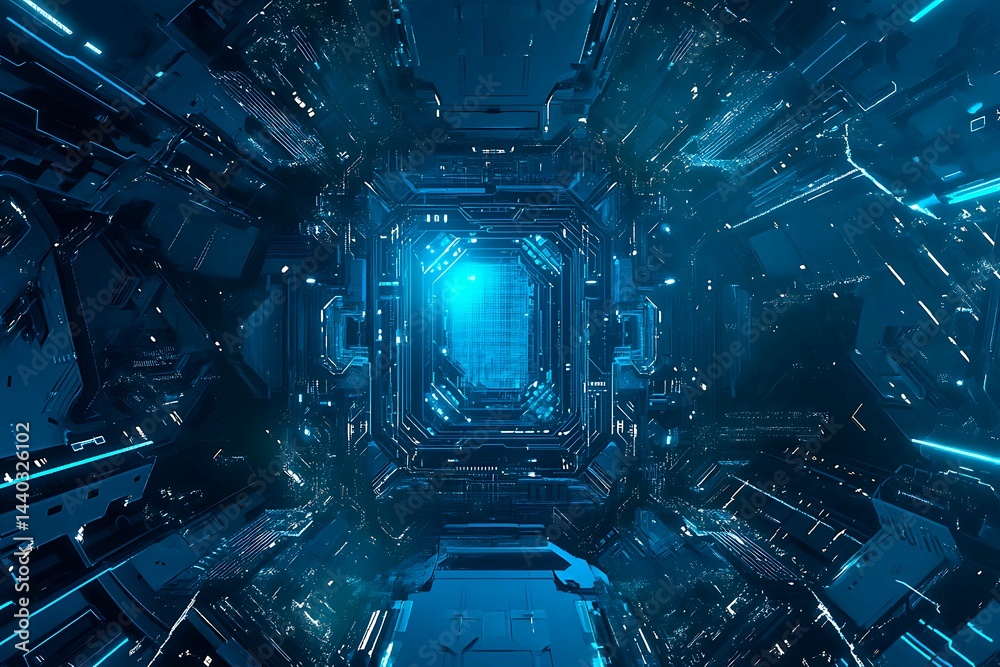 Abstract close-up of a glowing blue digital circuit board, showcasing intricate connections and technological design on a black background.