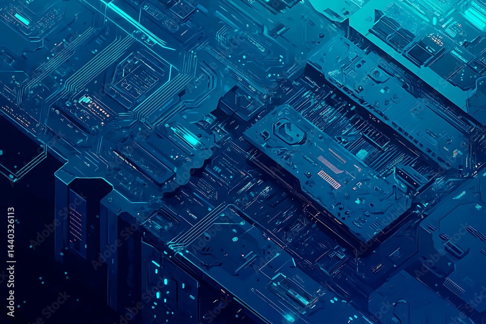 Abstract close-up of a glowing blue digital circuit board, showcasing intricate connections and technological design on a black background.
