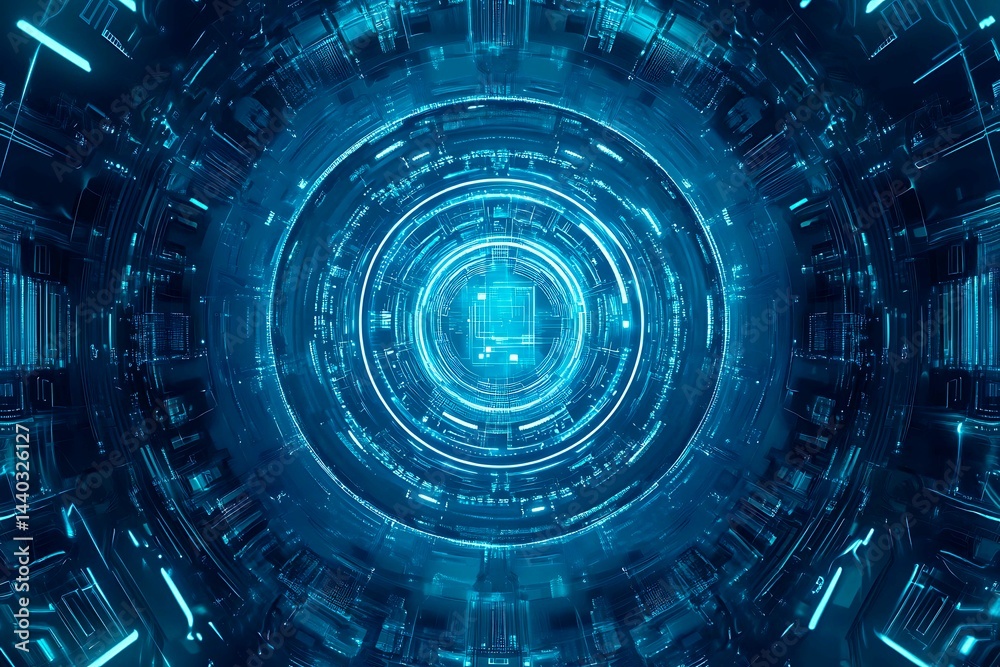 Abstract close-up of a glowing blue digital circuit board, showcasing intricate connections and technological design on a black background.