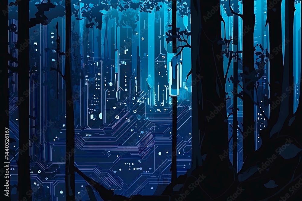 Abstract close-up of a glowing blue digital circuit board, showcasing intricate connections and technological design on a black background.