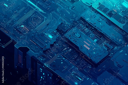 Abstract close-up of a glowing blue digital circuit board, showcasing intricate connections and technological design on a black background.
