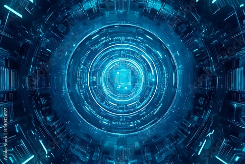 Obraz na płótnie Abstract close-up of a glowing blue digital circuit board, showcasing intricate connections and technological design on a black background.
w salonie