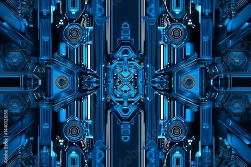 Abstract close-up of a glowing blue digital circuit board, showcasing intricate connections and technological design on a black background.
