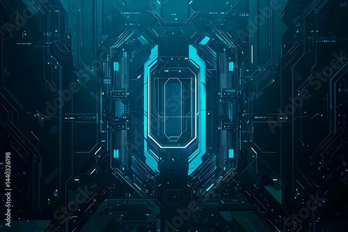 Obraz na płótnie Abstract close-up of a glowing blue digital circuit board, showcasing intricate connections and technological design on a black background.
w salonie