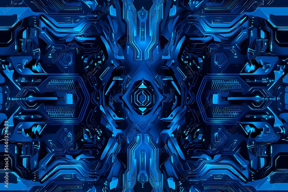 Abstract close-up of a glowing blue digital circuit board, showcasing intricate connections and technological design on a black background.