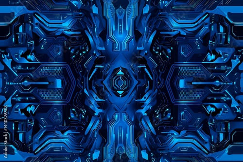 Obraz na płótnie Abstract close-up of a glowing blue digital circuit board, showcasing intricate connections and technological design on a black background.
w salonie