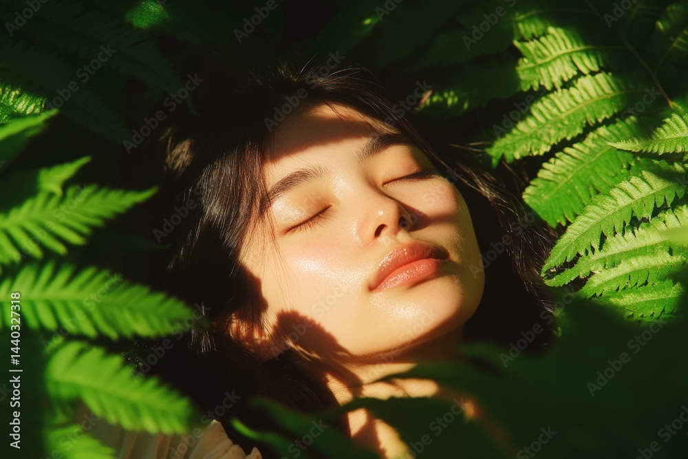 Woman relaxing amid lush ferns in a sunlit forest, embracing nature and calmness in an outdoor setting Woman relaxing amid lush ferns in a sunlit forest, embracing nature and calmness in an outdoor setting