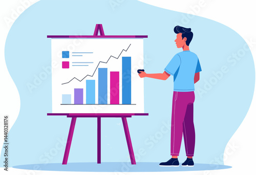 Man presents bar graph on easel with marker in hand