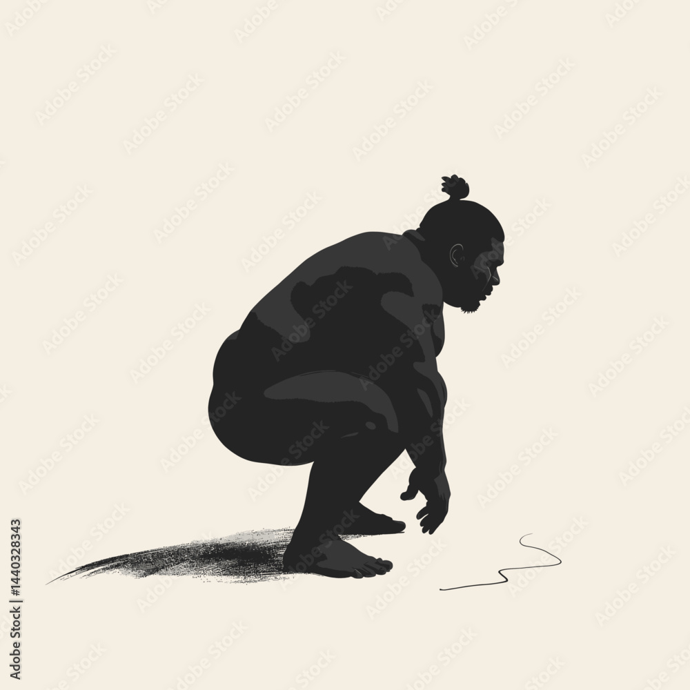Obraz premium Monochrome sumo wrestler in squatting stance, ready for match