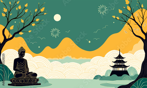 Meditating Buddha, Pagoda, and Mountain Landscape Art