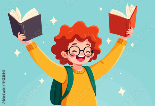 Joyful student with books and backpack celebrates learning