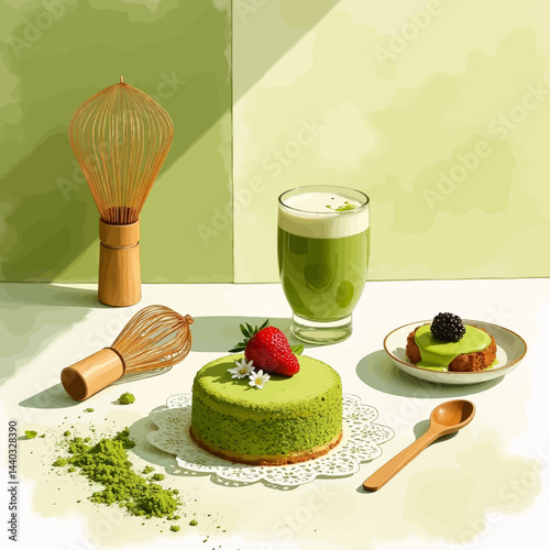 Matcha Dessert Still Life with Cake, Drink, and Whisk
