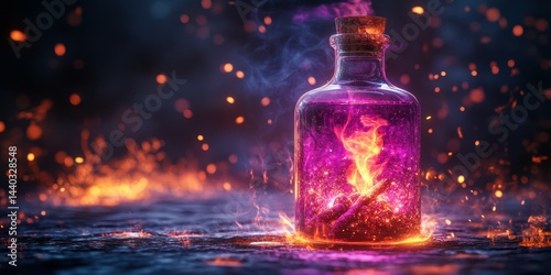 Enchanted glass bottle containing a glowing purple potion surrounded by sparks in a mystical forest at dusk