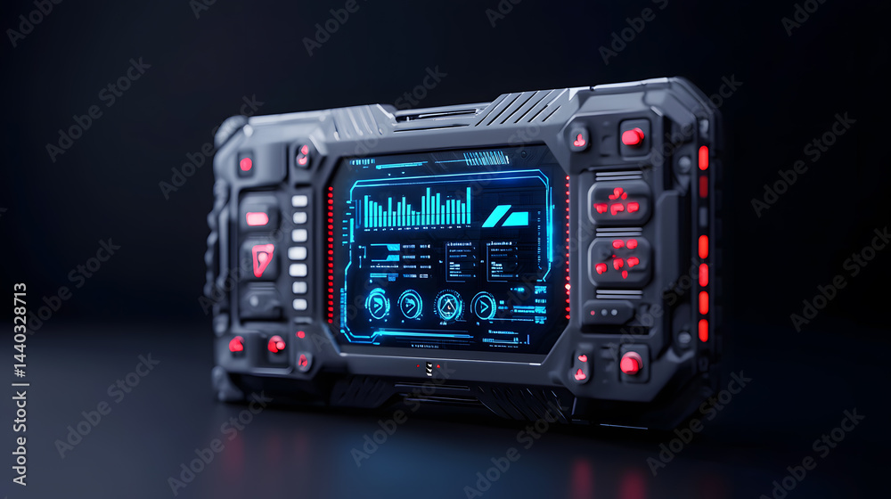 Futuristic tech device with mechanical details glowing blue, isolated on black background Futuristic tech device with mechanical details glowing blue, isolated on black background