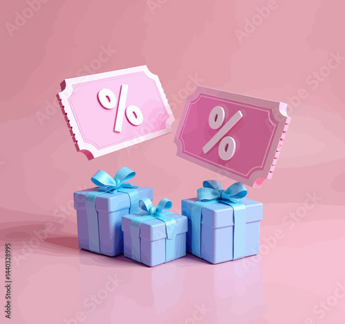 Pastel Blue Gift Boxes with Pink Discount Coupon Tickets