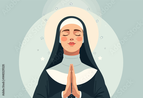 Praying Nun with Rosary and Halo of Stars