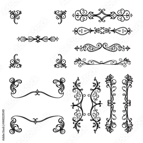 Elegant Art Nouveau Flourishes in Black and White for Decorative Design Elements