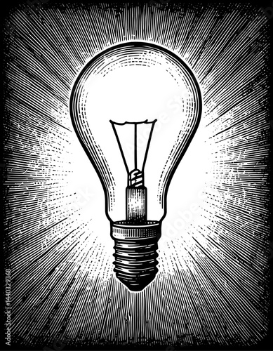 Antique Edison Lightbulb in Woodcut Vintage Style in Black and White with Radiating Background