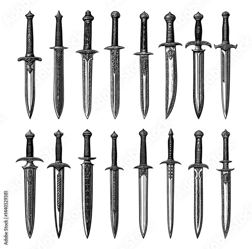 Ancient Ceremonial Daggers in Woodcut  Vintage Style in Black and White illustration