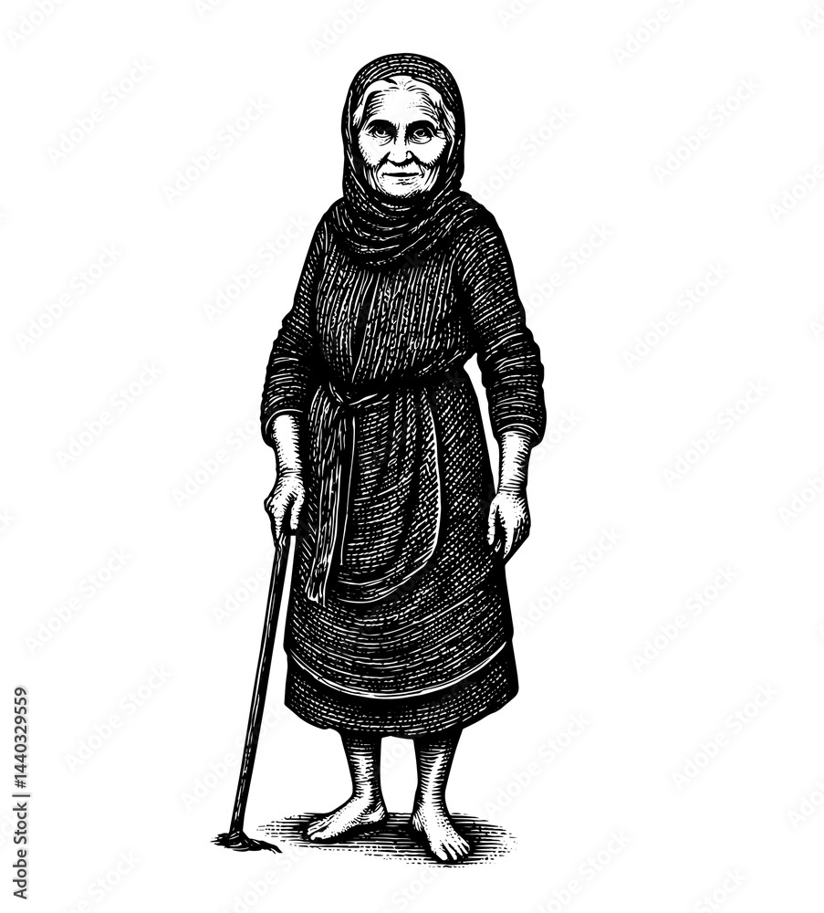 Obraz premium Elderly woman barefoot with a cane standing woodcut vintage black and white illustration