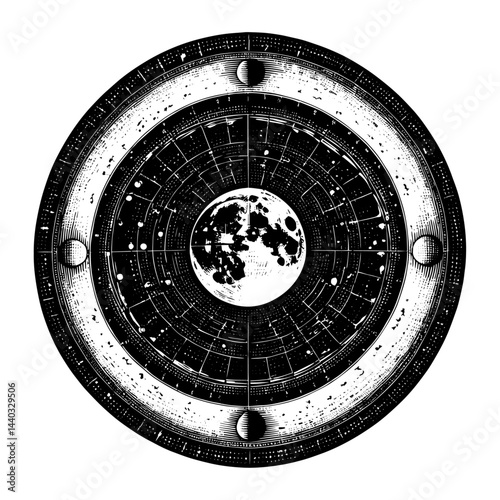 Ancient Astronomical Chart with Moon Phases in Classical Engraving Style