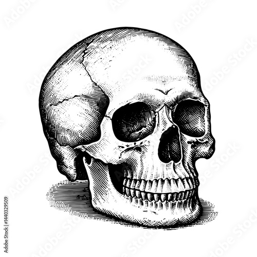 Human skull three quarter view stippled illustration black white