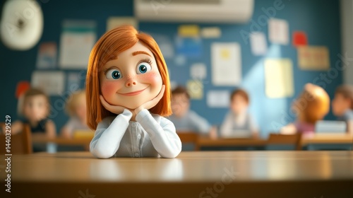 Student, A cartoon girl is sitting at a desk with her hands on her knees