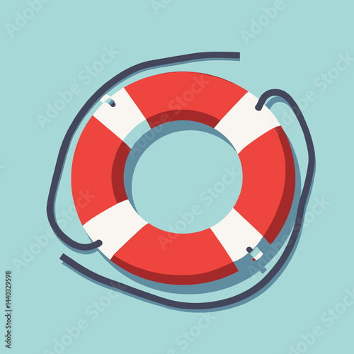 Red and white life preserver on light blue background