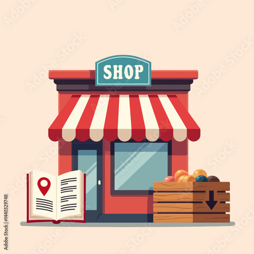 Red Striped Awning Shop with Open Book and Produce