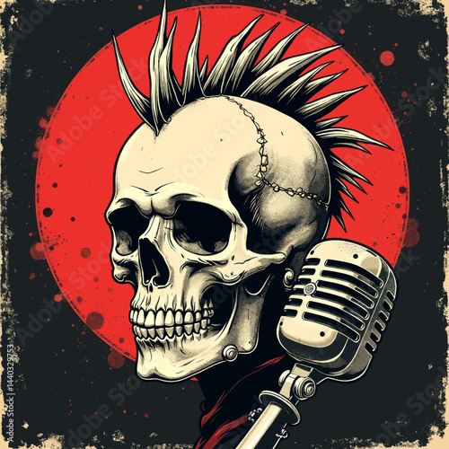 Punk Rock Skull with Microphone and Red Backdrop
