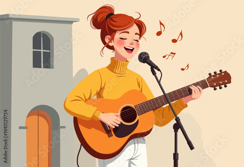 Redhead Woman Singing and Playing Guitar with Music Notes