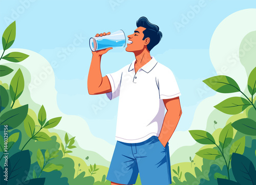 Refreshing Drink: Man Hydrating with Water Outdoors