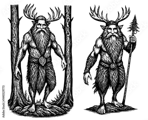 Leshy forest spirit from Slavic myth, old man with bark-like skin and a long  beard, woodcut vintage black and white illustration