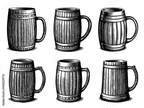 Wooden beer steins woodcut vintage black and white illustration