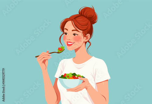 Redhead woman enjoying a fresh salad on blue background