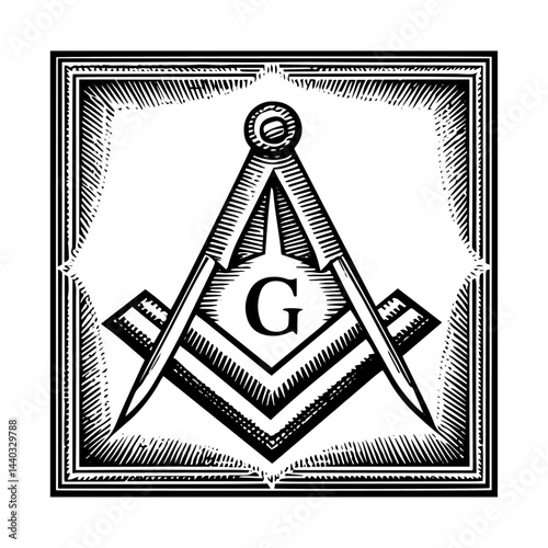 Masonic square and compasses woodcut vintage style in black and white