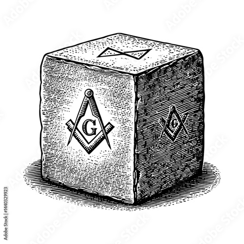 Masonic cube woodcut vintage style in black and white, Freemasonry symbolism