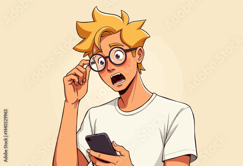 Shocked cartoon man with glasses looking at phone