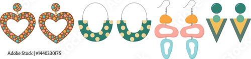 Set of stylish earrings isolated on white background. Bright ear accessories of trendy shapes for women 