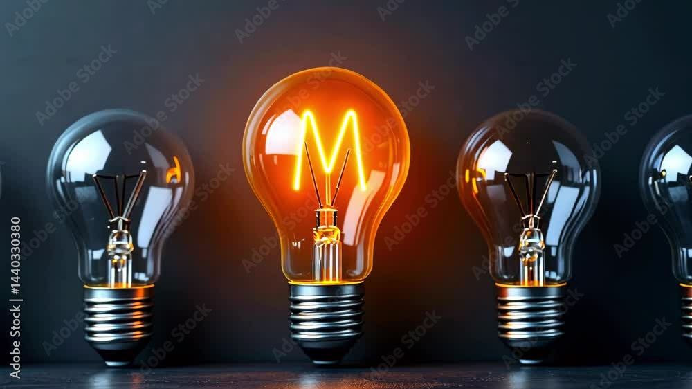 Illuminated light bulb with a glowing letter M among standard bulbs on a dark background