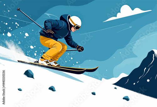 Skier carving down snowy mountain slope art